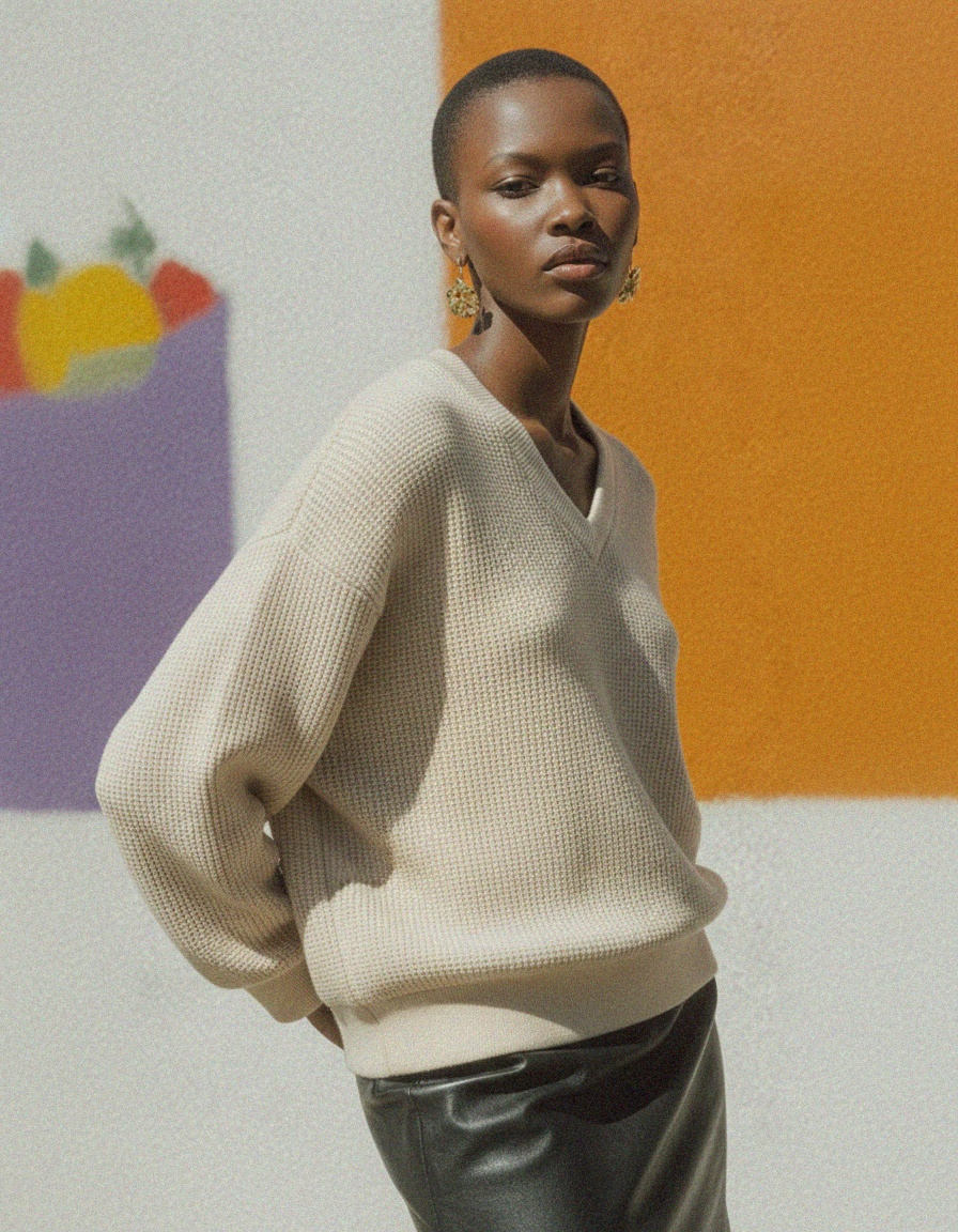 Beige V-Neck Relaxed Knit Sweater photo 4