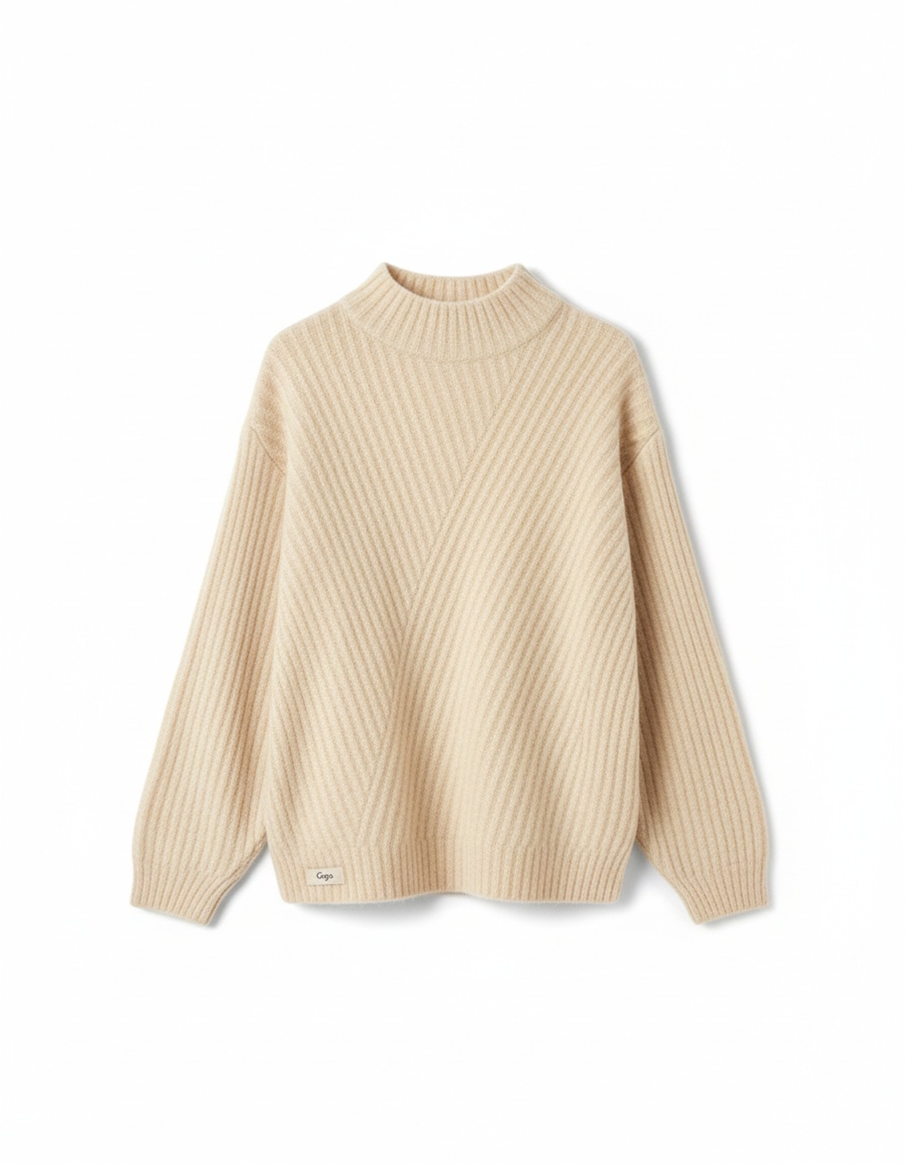 Beige Ribbed Knit Mock Neck Sweater photo 1