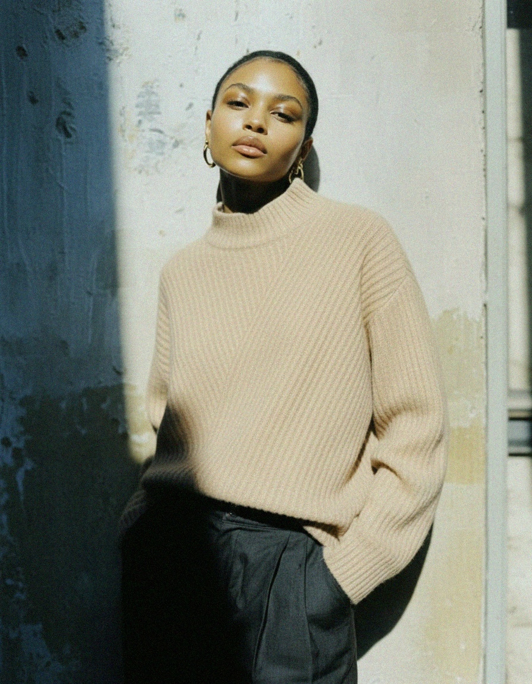 Beige Ribbed Knit Mock Neck Sweater photo 2