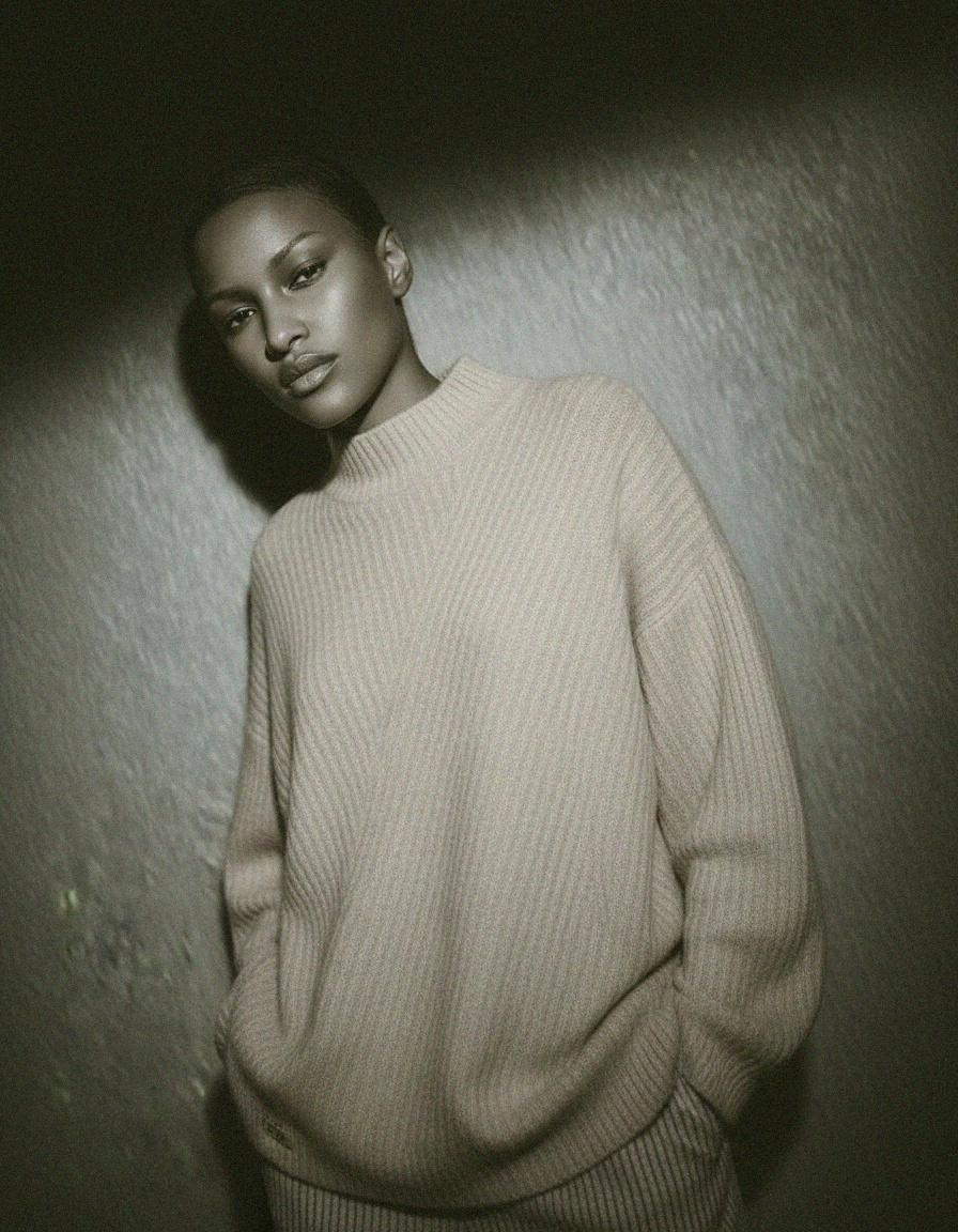 Beige Ribbed Knit Mock Neck Sweater photo 3