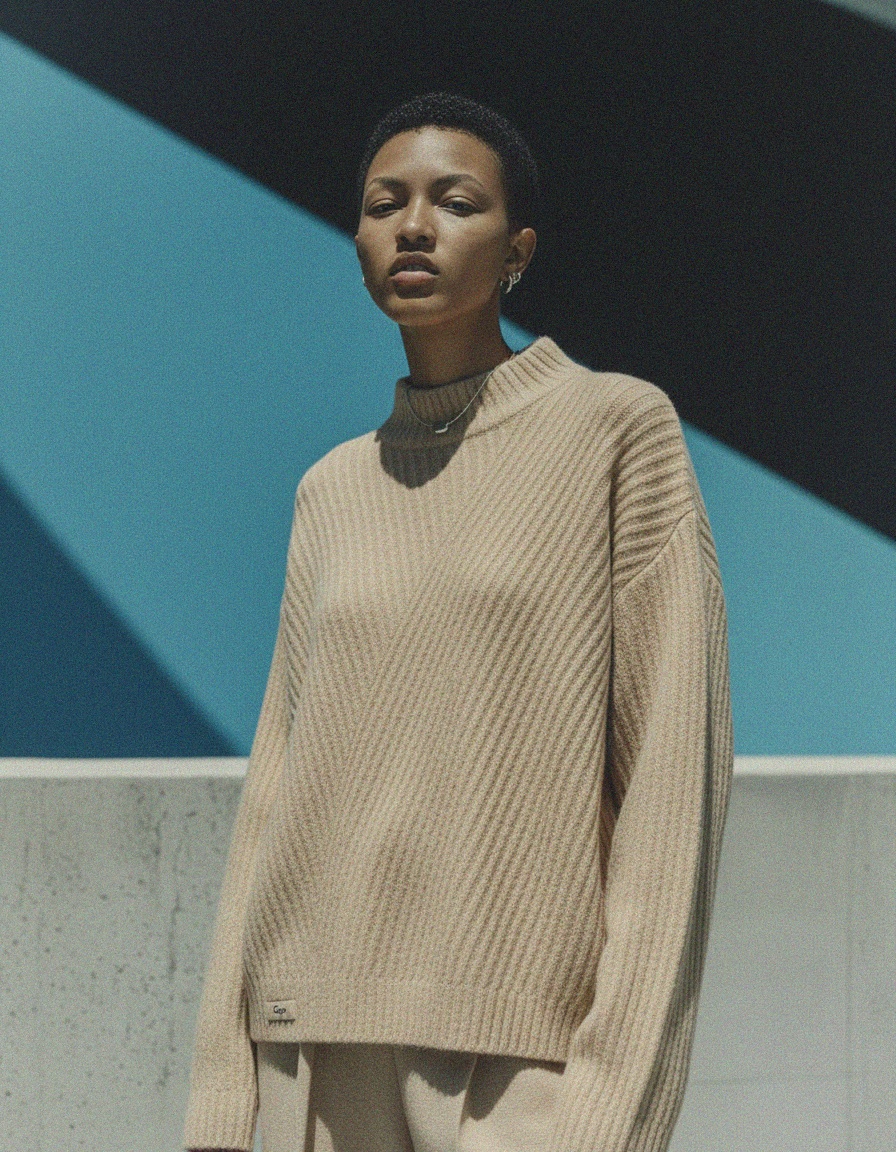 Beige Ribbed Knit Mock Neck Sweater photo 4