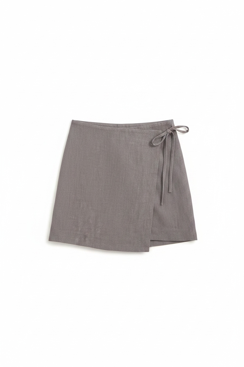 Grey Linen Blend Wrap Mini Skirt with Tie Detail photo 1