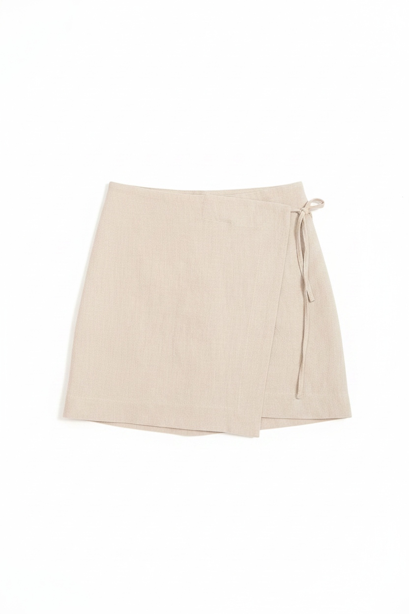 Beige Linen Blend Wrap Mini Skirt photo 1
