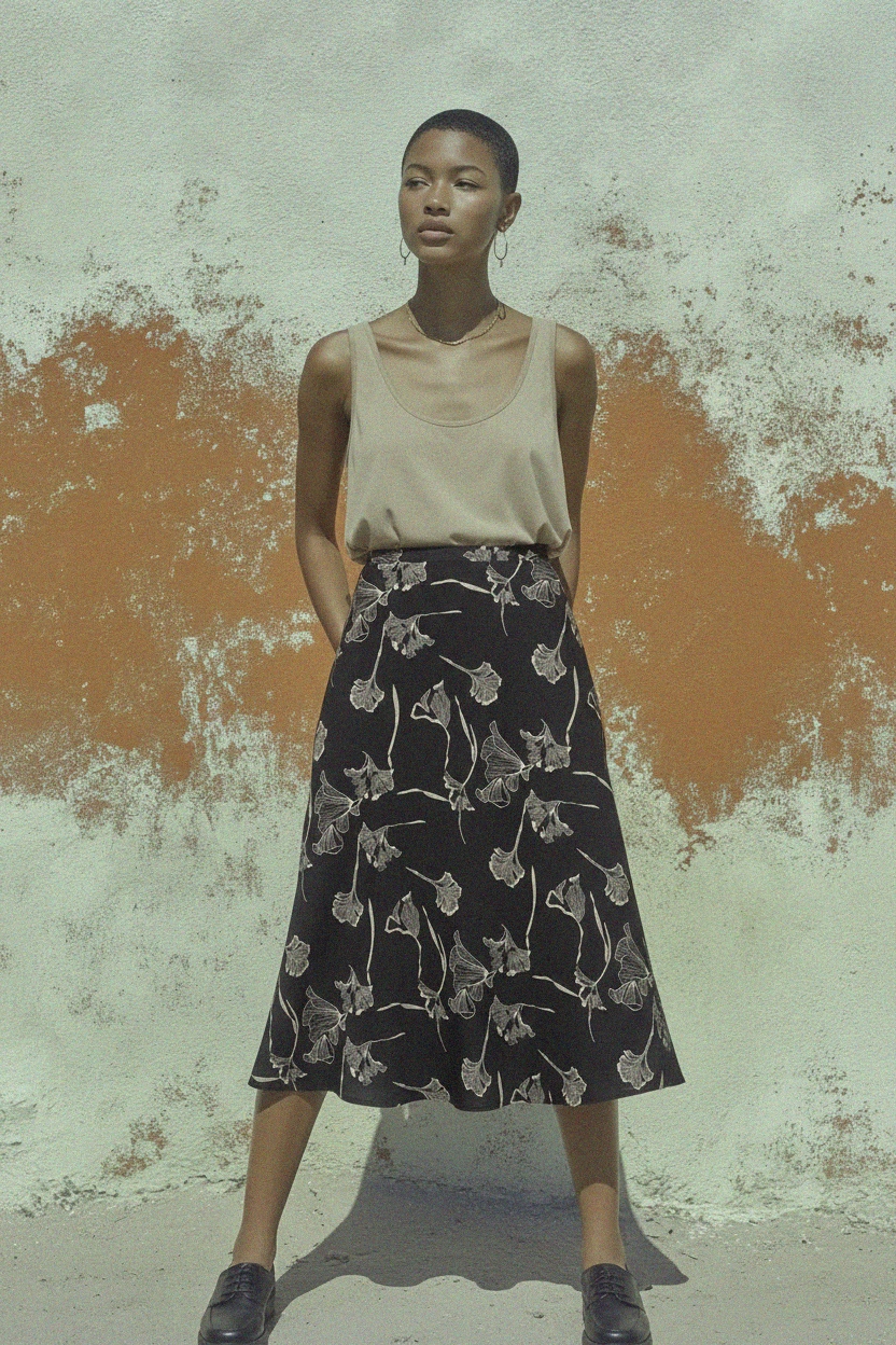 Black Floral Print Midi Skirt photo 2