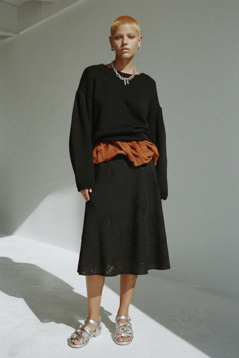 Black Textured Midi Skirt photo 3