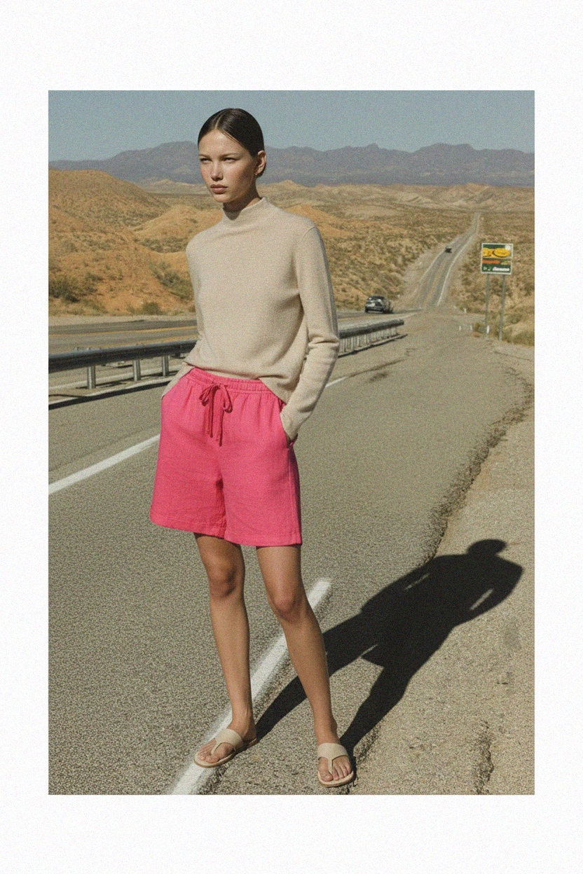 Relaxed Fit Cuffed Linen Shorts in Vibrant Pink photo 2