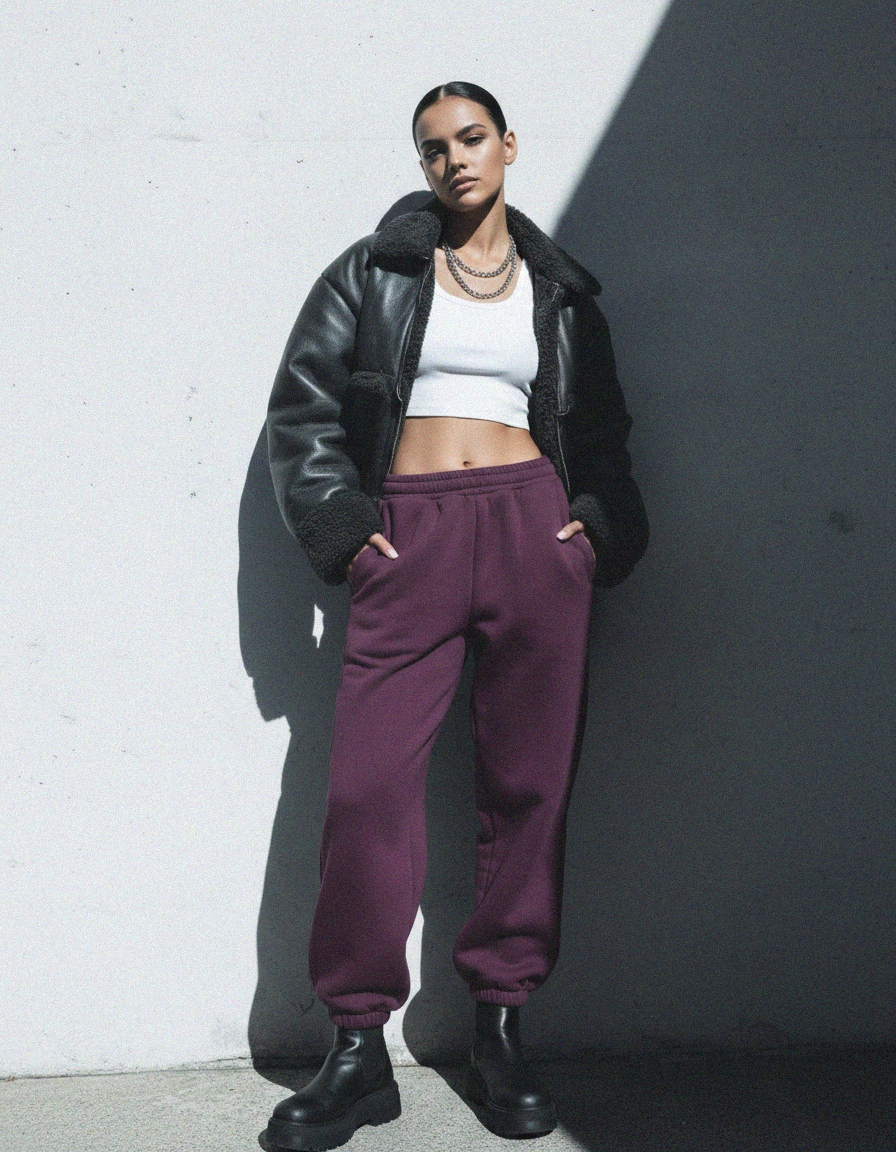 Relaxed Fit Purple Fleece Sweatpants with Cuffed Ankles photo 2