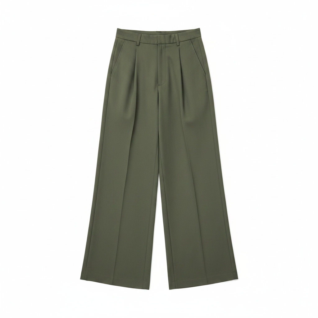 Pleated Wide-Leg Trousers - Olive Green photo 1