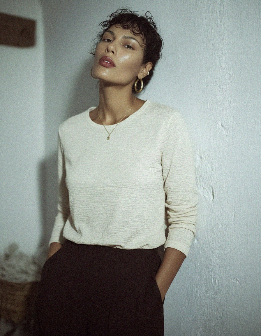 Cream Textured Long-Sleeve Blouse photo 4