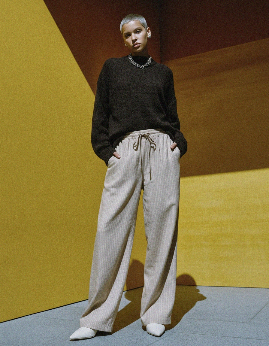 Relaxed Fit Beige Striped Wide-Leg Pants photo 2