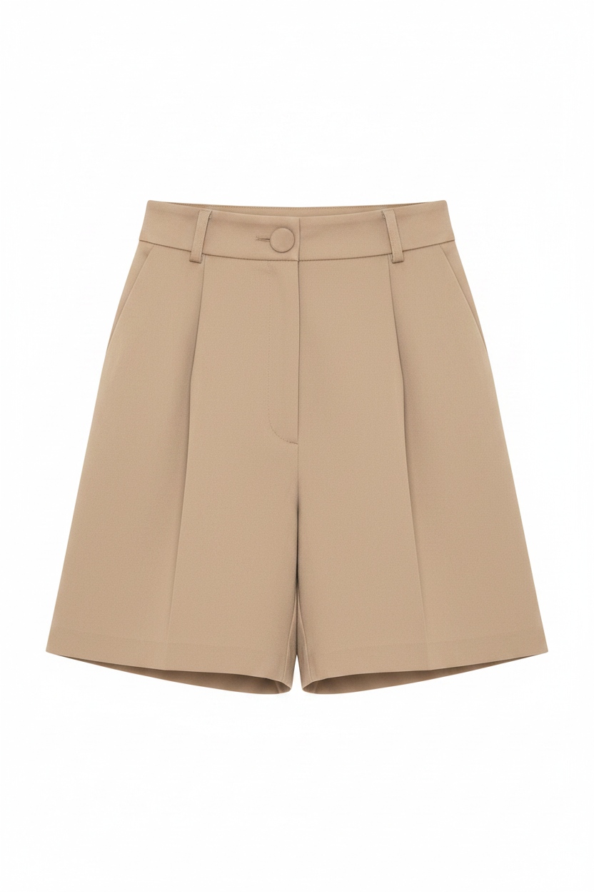 Pleated High-Waist Beige Tailored Shorts photo 1