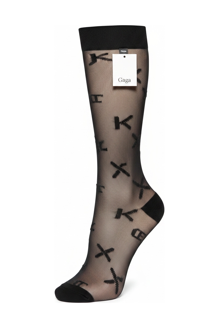 Sheer Black Letter Print Knee-High Socks photo 1