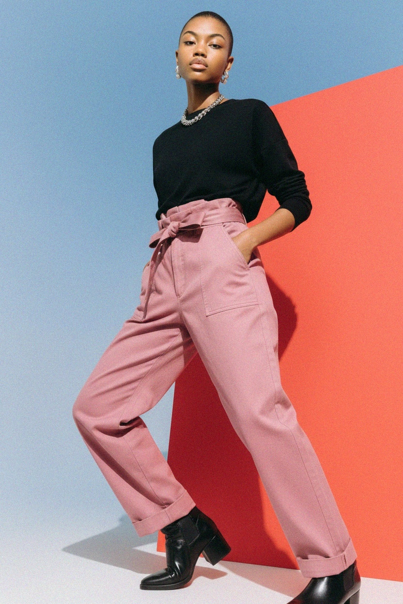 Stylish Pink Paper-Bag Waist Regular Pants photo 2