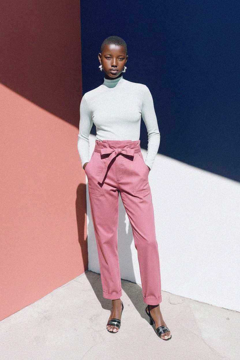 Stylish Pink Paper-Bag Waist Regular Pants photo 3