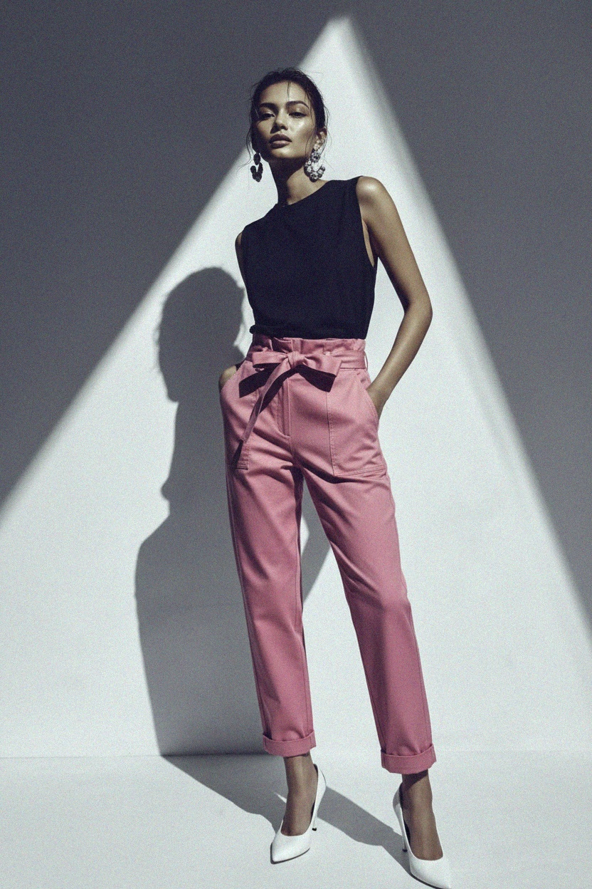 Stylish Pink Paper-Bag Waist Regular Pants photo 4