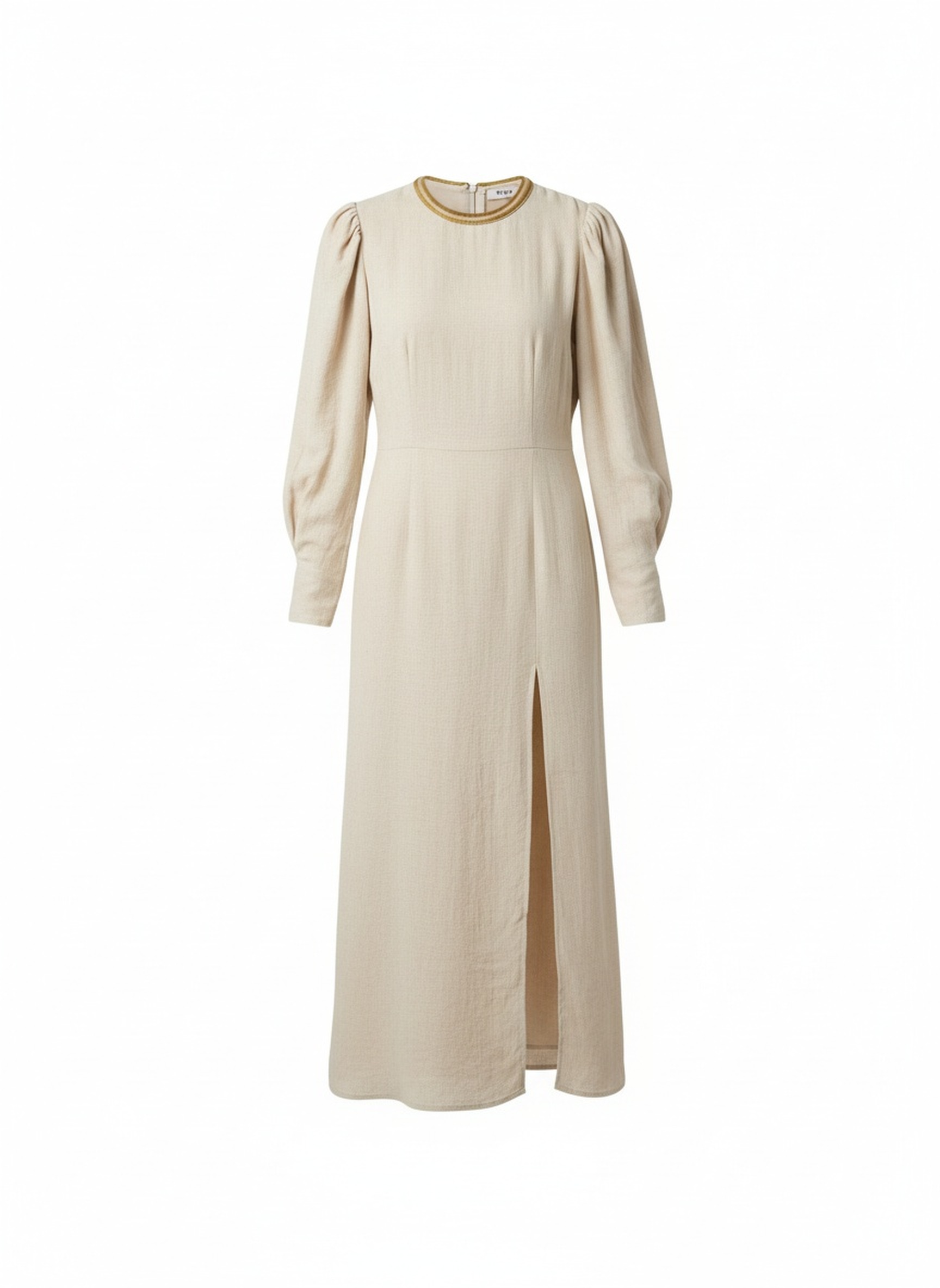 Chic Beige Midi Dress with Side Slit & Puffed Sleeves photo 1