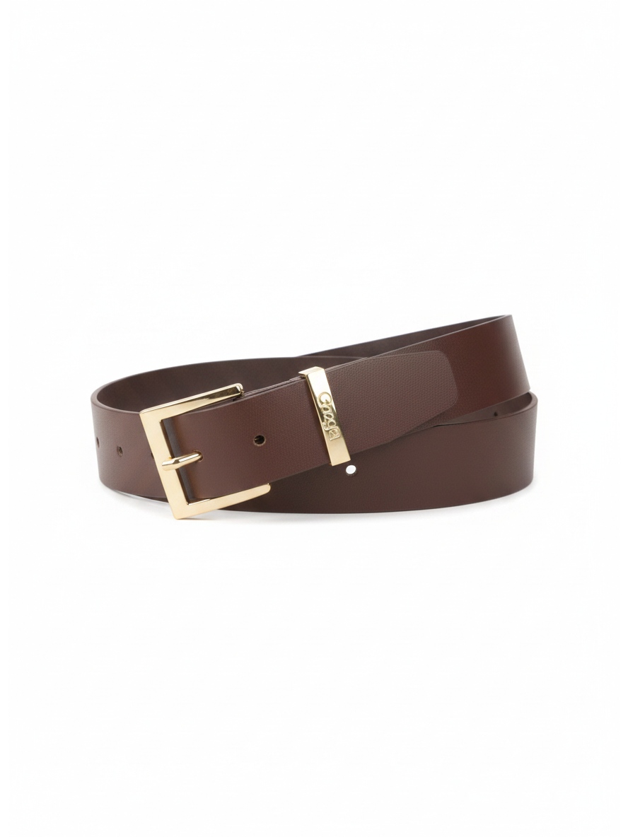 Classic Brown Leather Belt with Gold-Tone Buckle zdjęcie 1