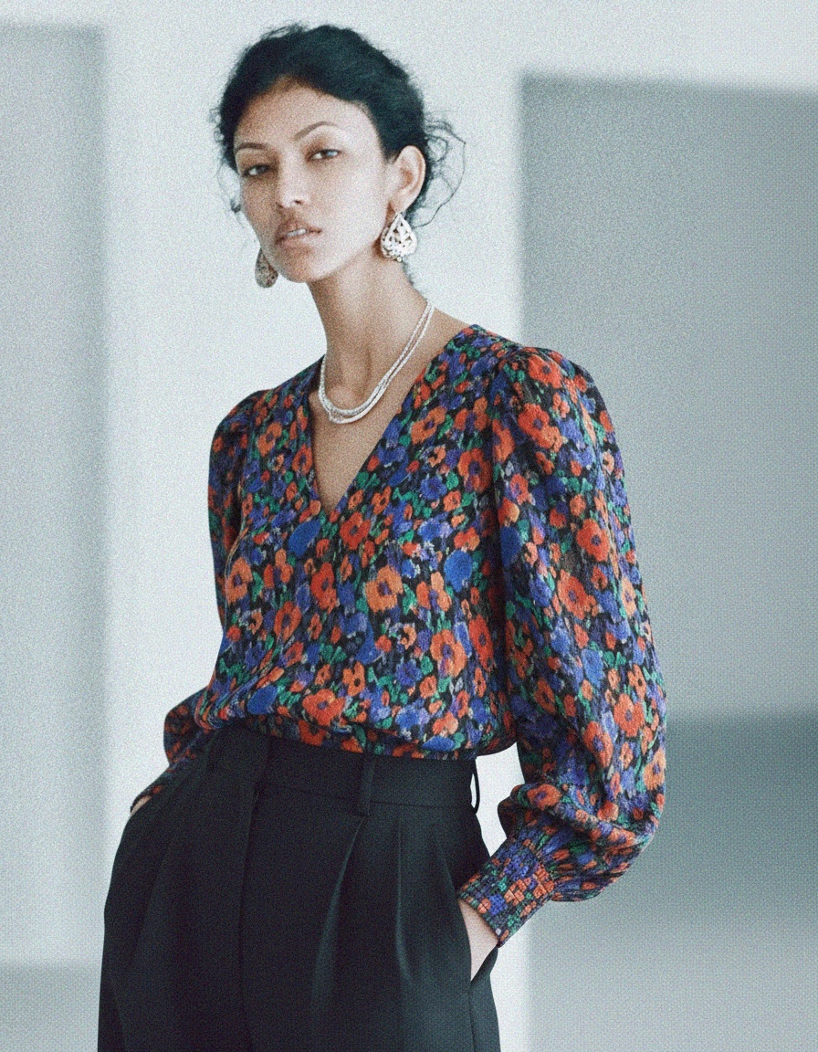 Vibrant Floral Print Blouse with V-Neck photo 3