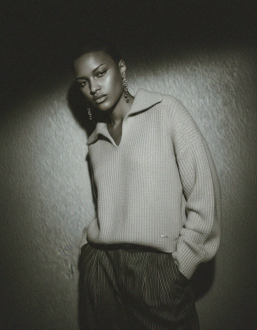 Beige Ribbed Knit Sweater with V-Neck Collar photo 3