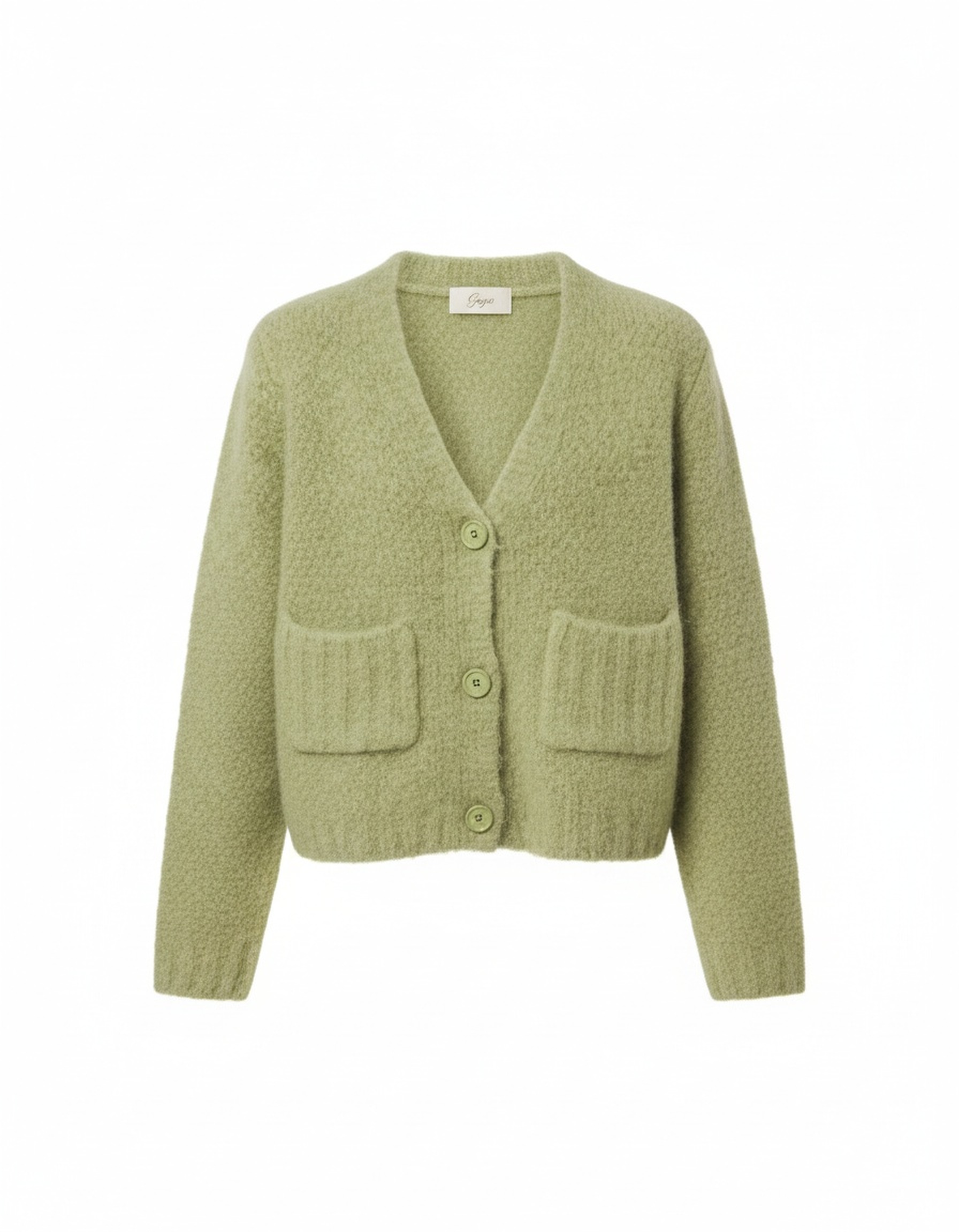 Textured Knit V-Neck Cardigan with Pockets - Green photo 1