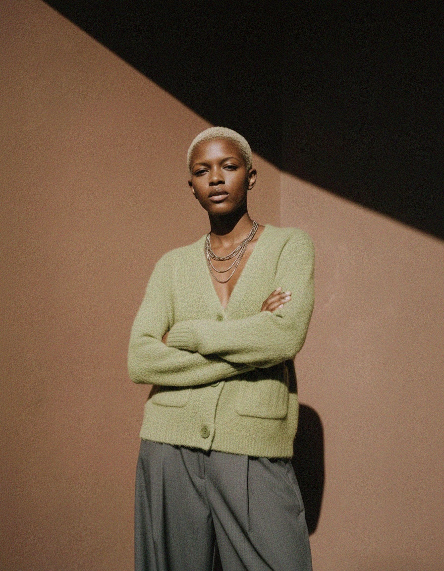 Textured Knit V-Neck Cardigan with Pockets - Green photo 3