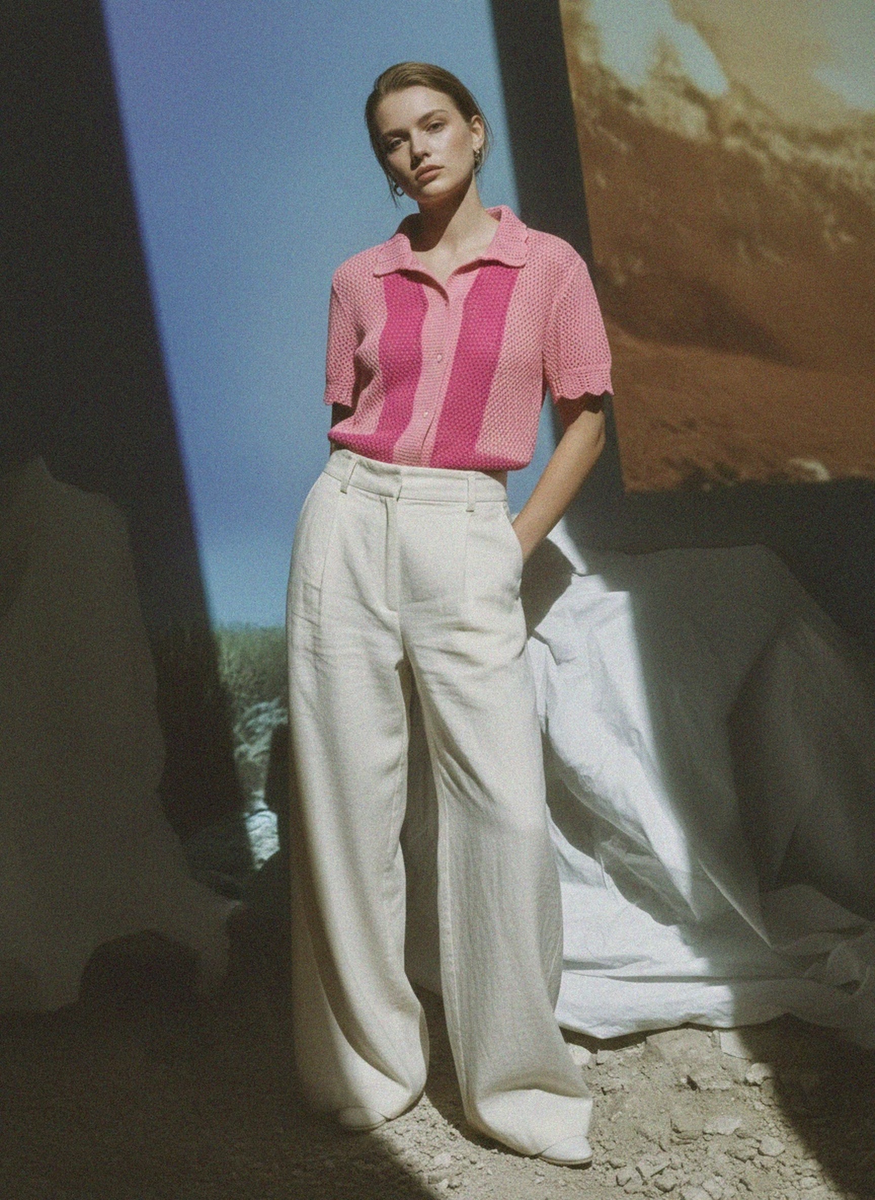 Pink Crochet Knit Short Sleeve Shirt photo 2