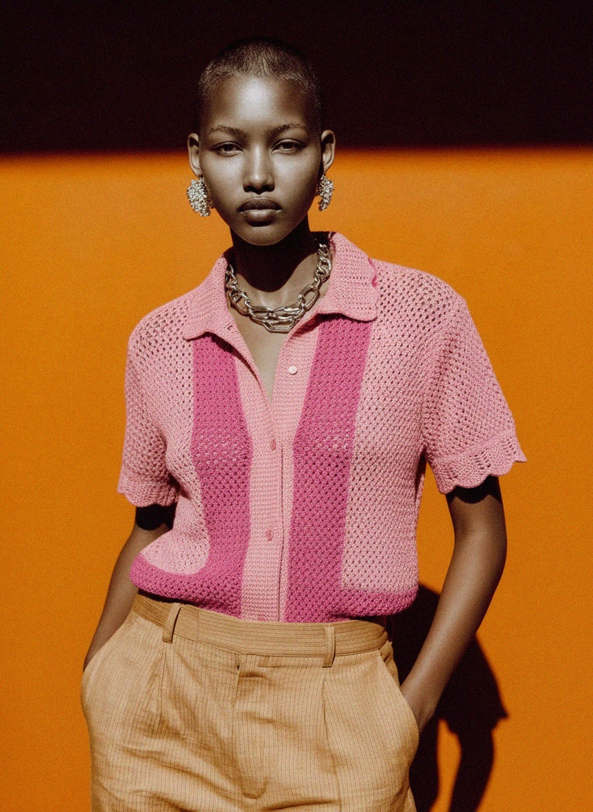 Pink Crochet Knit Short Sleeve Shirt photo 3