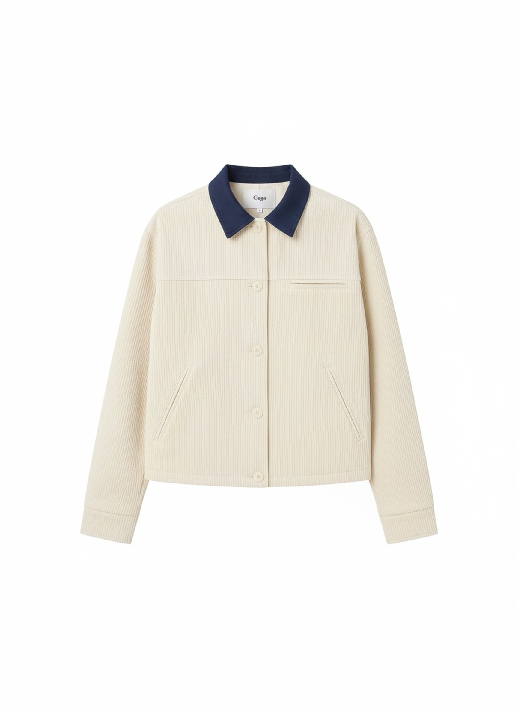 Cream Ribbed Jacket with Contrast Blue Collar photo 1