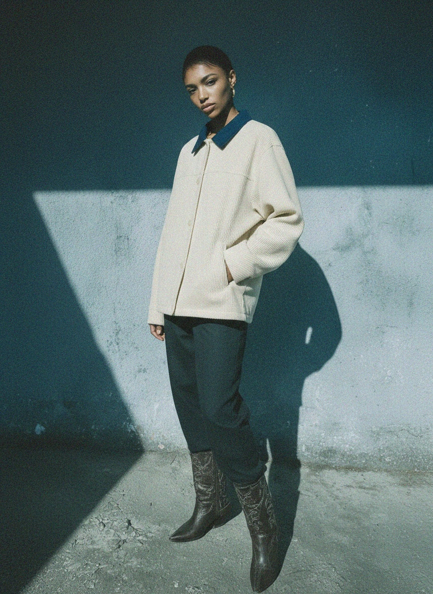 Cream Ribbed Jacket with Contrast Blue Collar photo 3