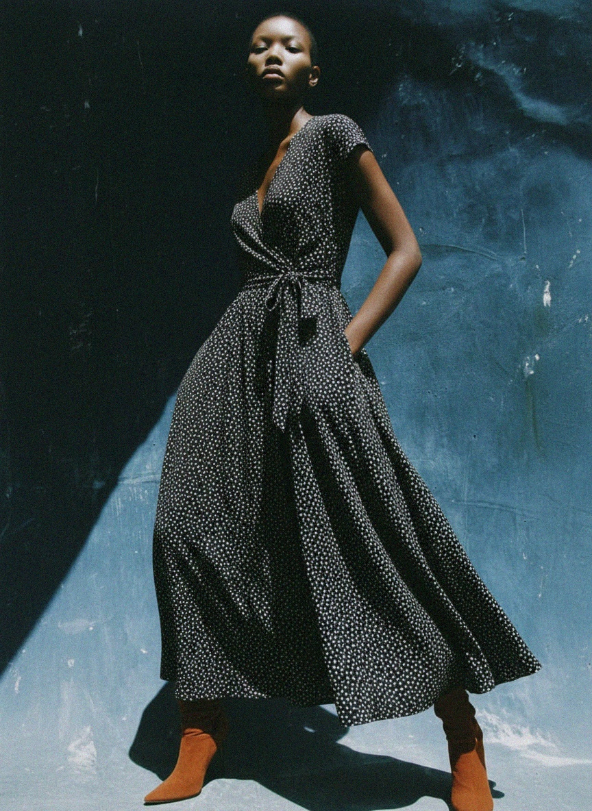 Dotted V-Neck Maxi Dress with Tie-Waist photo 3