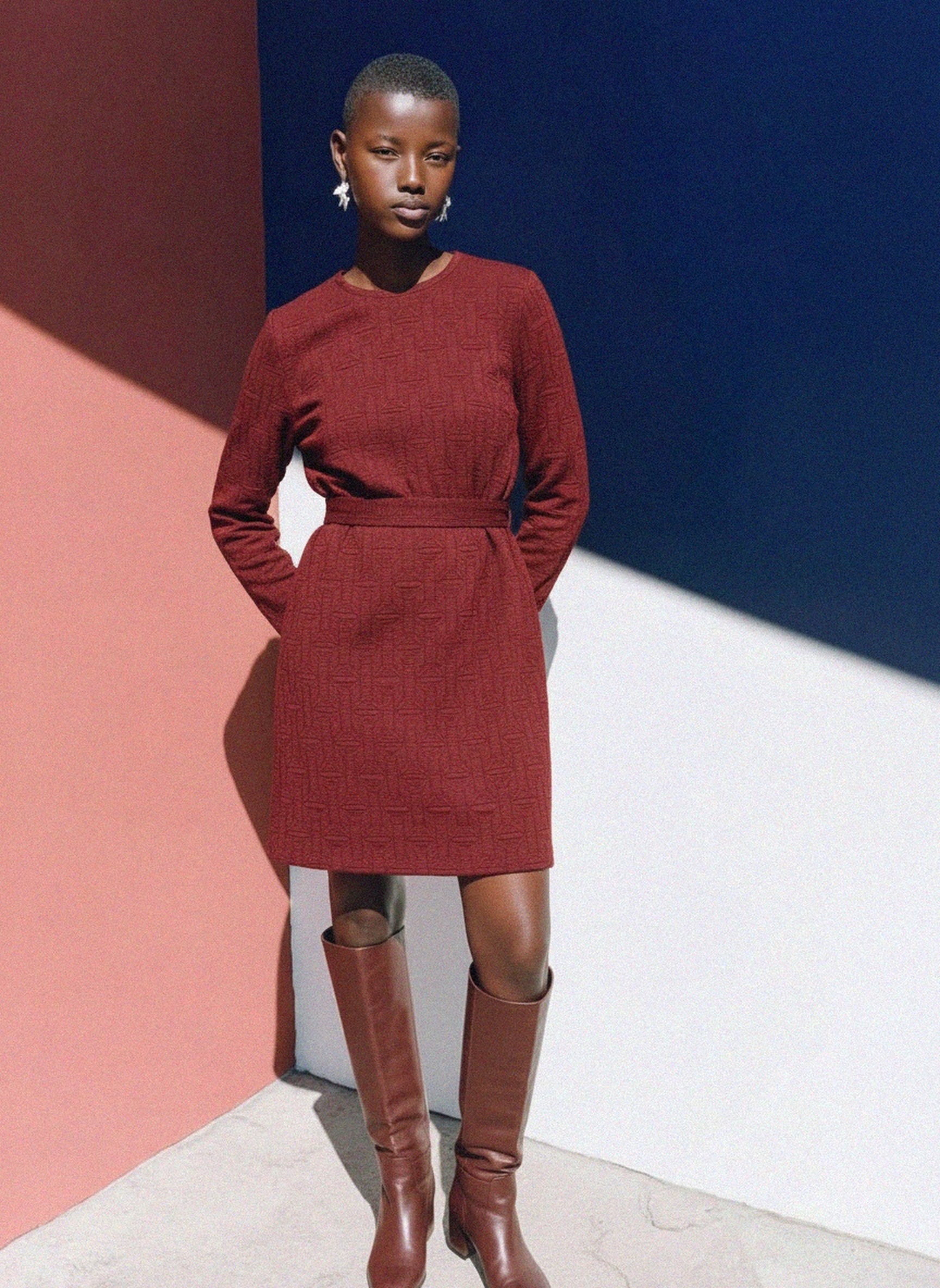 Red Textured Mini Dress with Long Sleeves photo 2