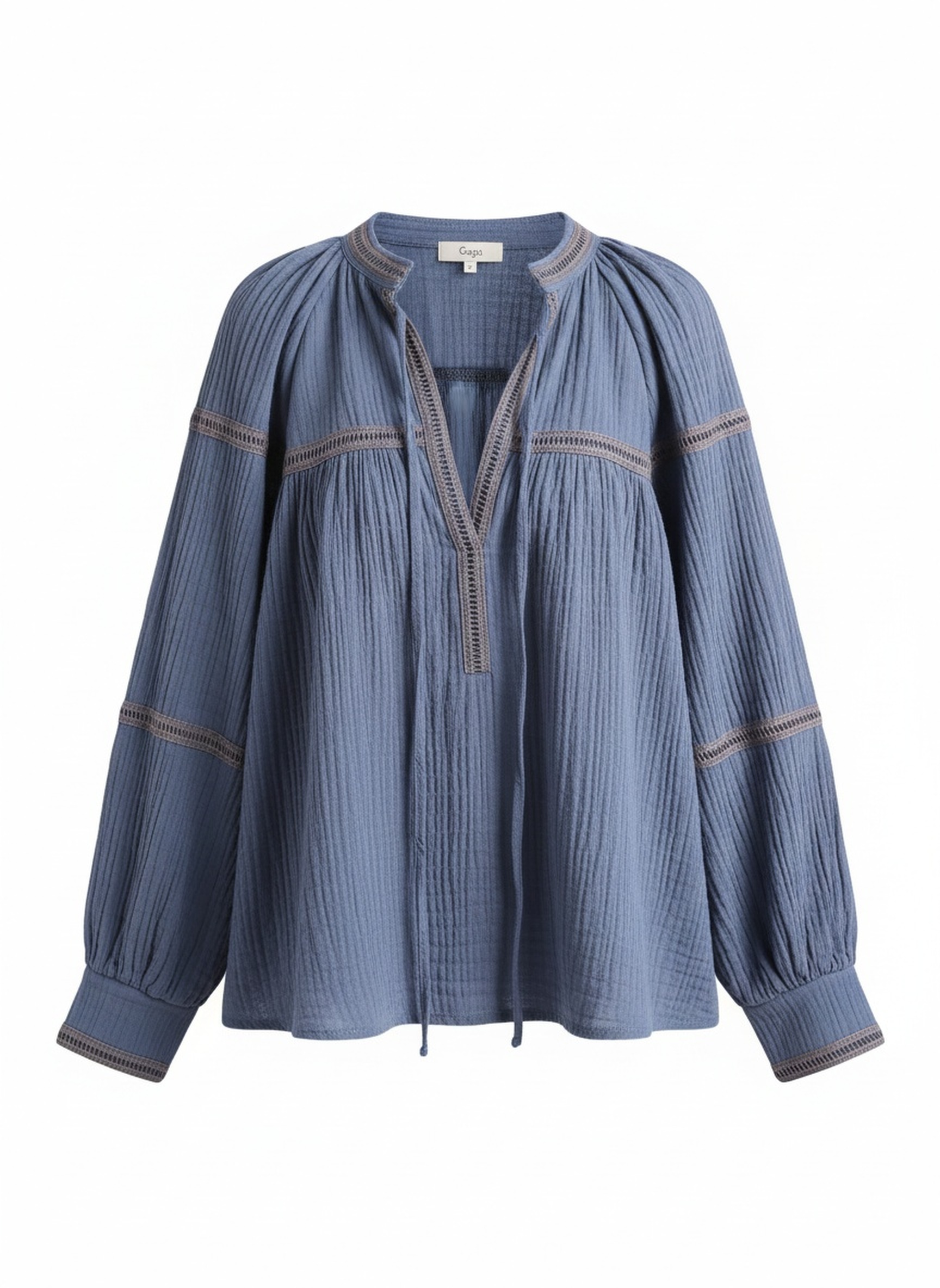 Textured Blue Blouse with Decorative Trim photo 1