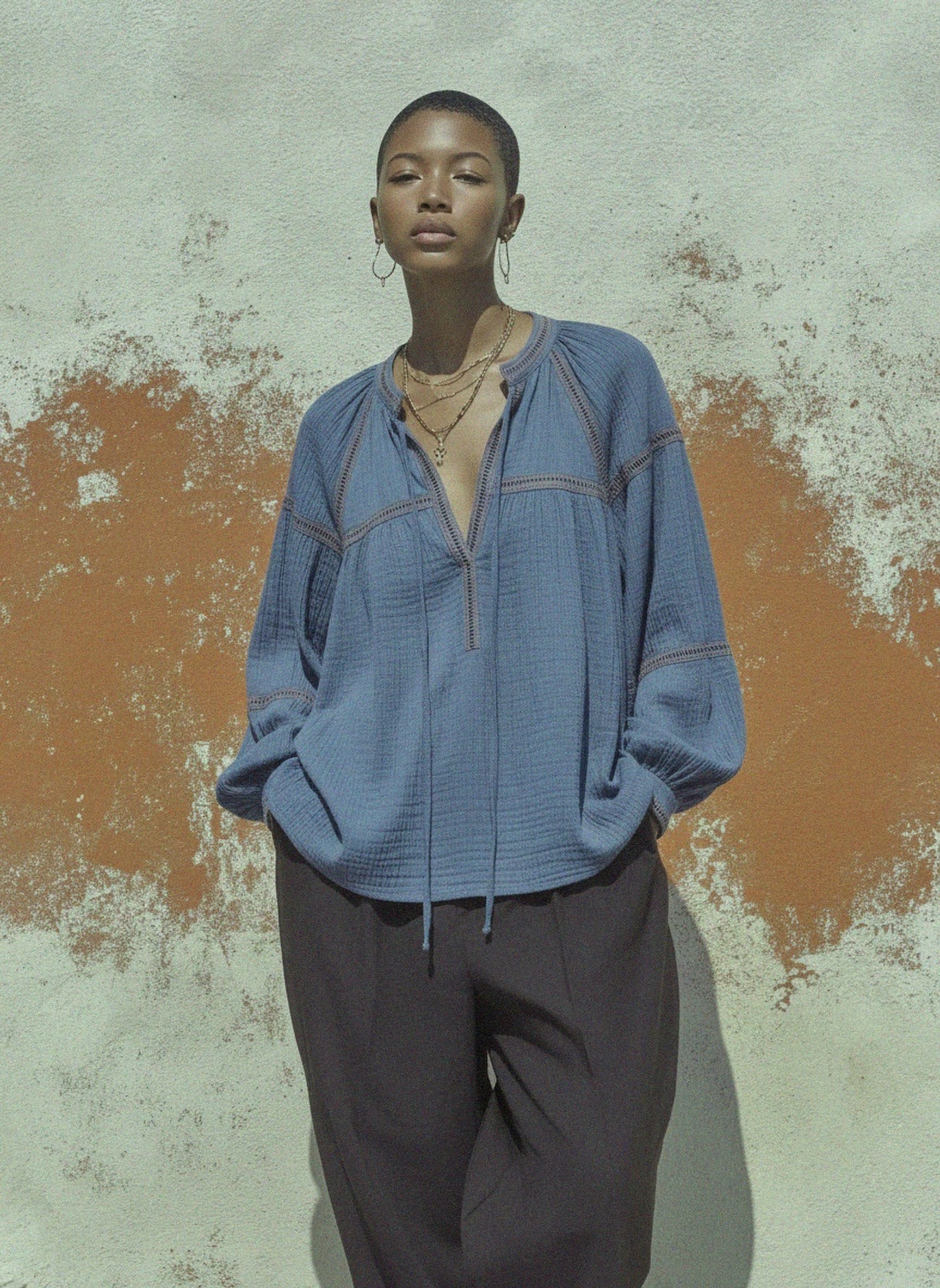 Textured Blue Blouse with Decorative Trim photo 2