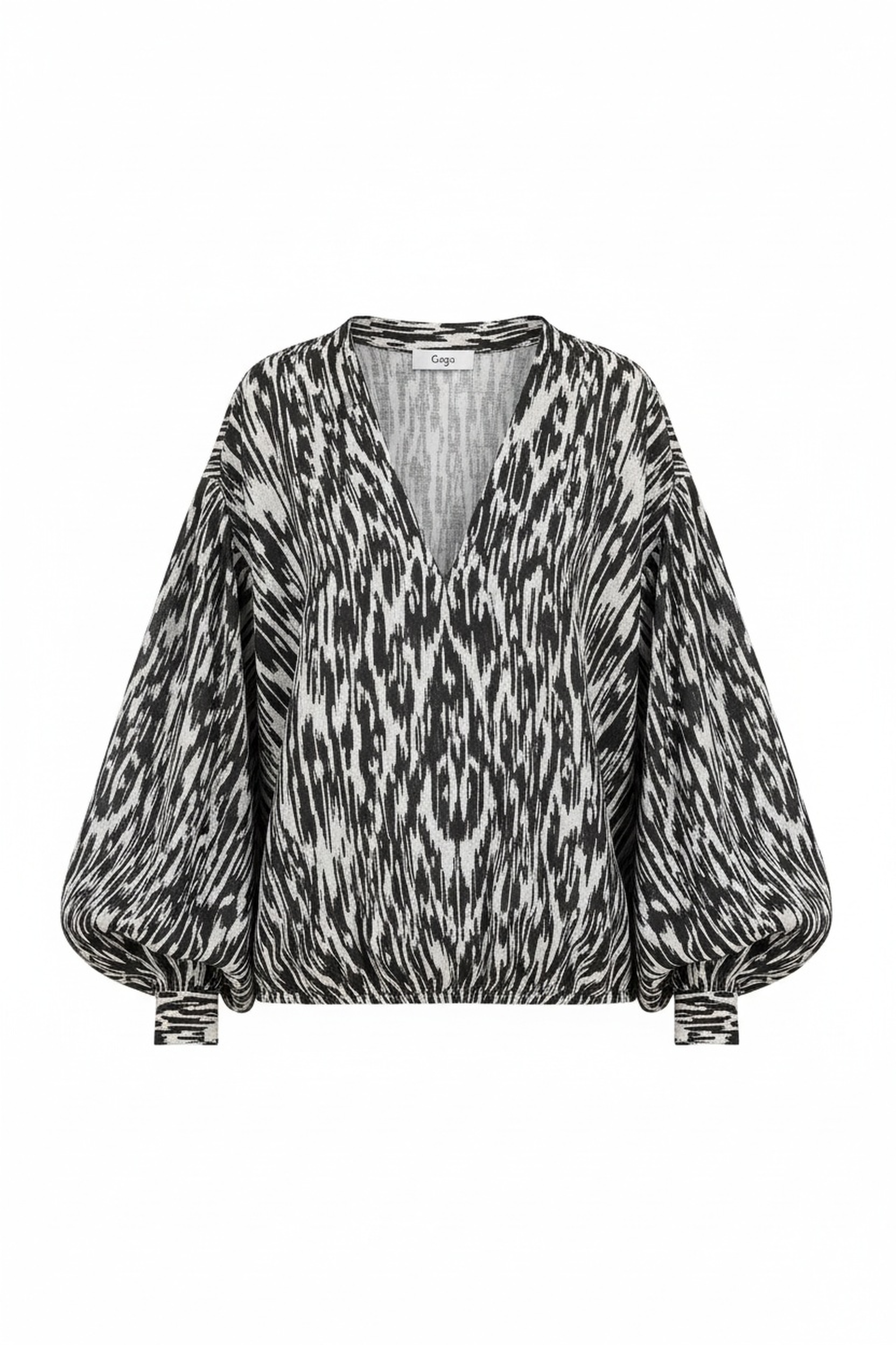 Abstract Print V-Neck Blouse with Voluminous Sleeves photo 1