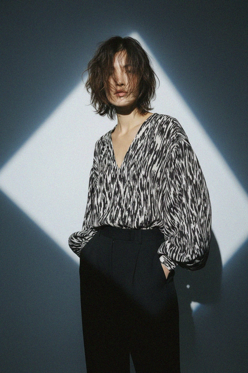 Abstract Print V-Neck Blouse with Voluminous Sleeves photo 3