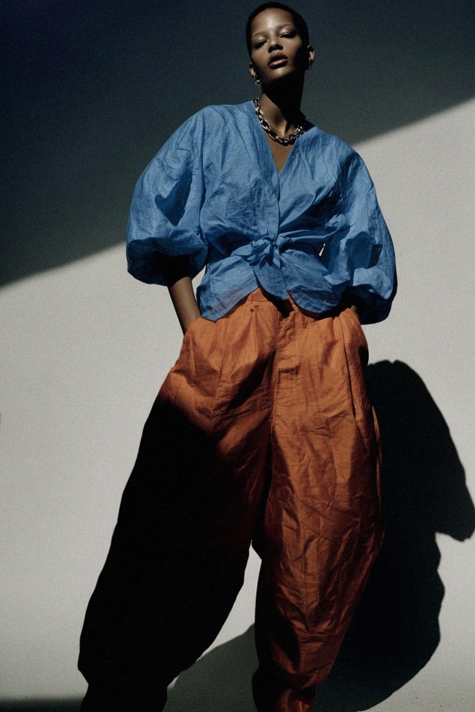 Textured Blue Blouse with Puff Sleeves photo 2