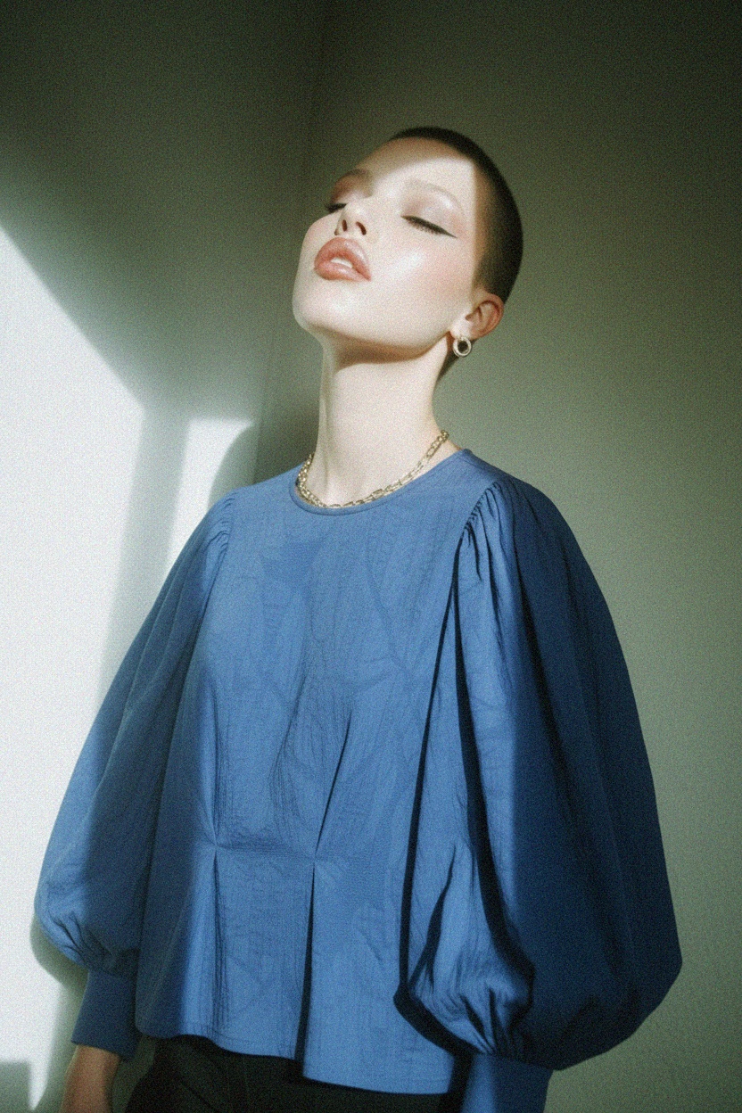 Textured Blue Blouse with Puff Sleeves photo 3