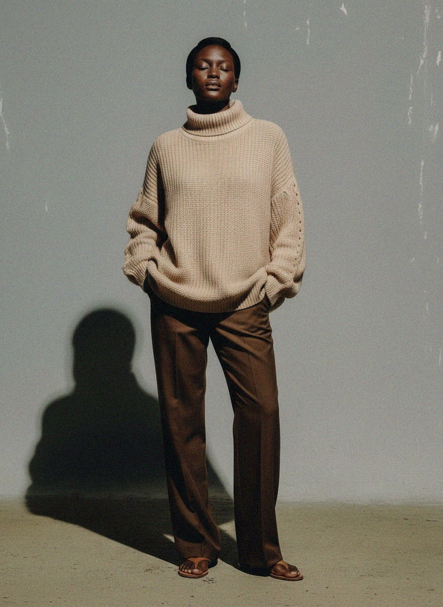 Cozy Oversize Beige Knit Turtleneck Sweater photo 2