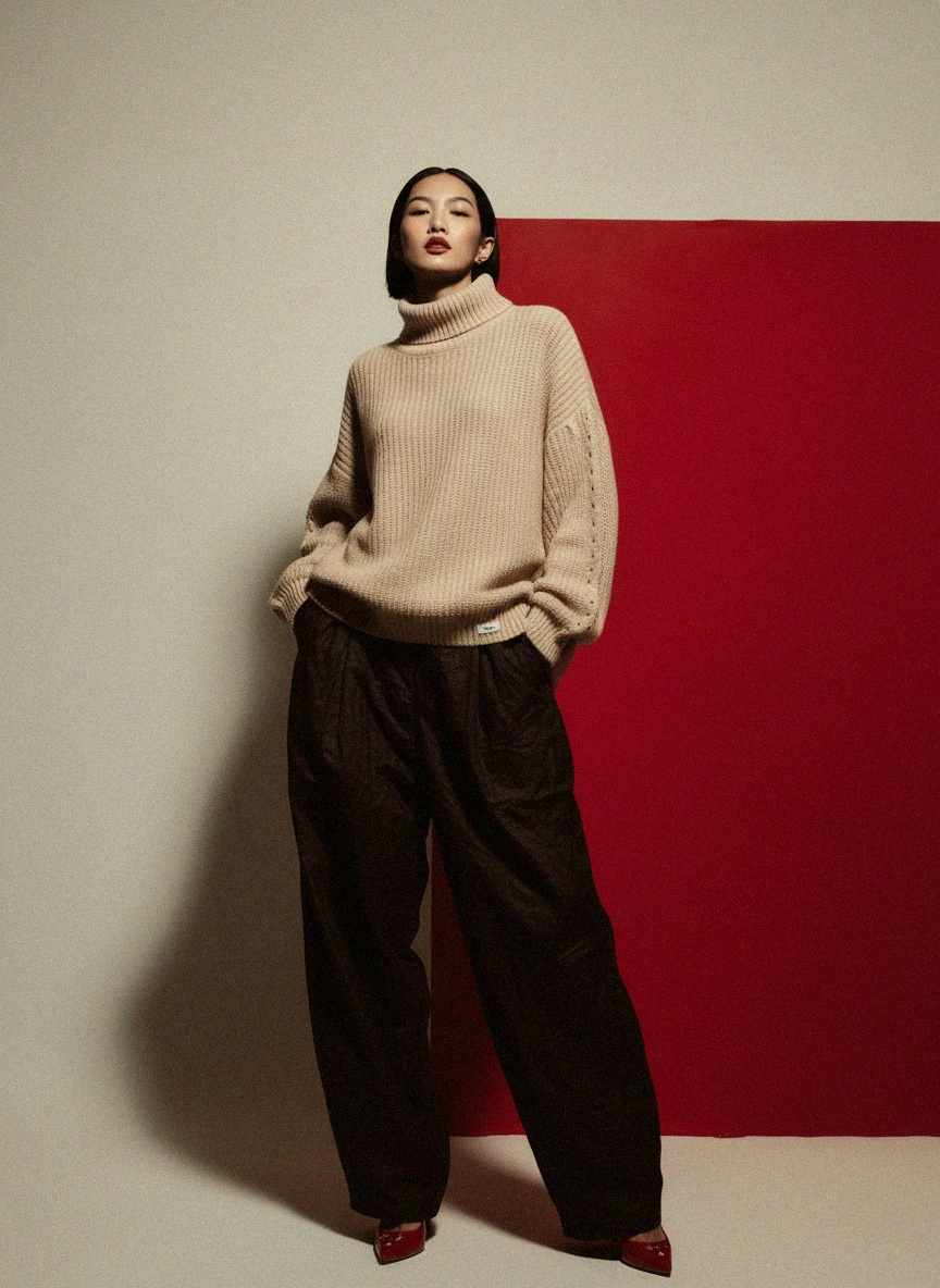 Cozy Oversize Beige Knit Turtleneck Sweater photo 3