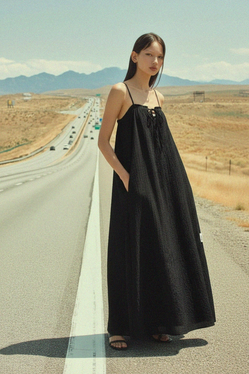 Black Textured Maxi Dress with Tie-Front Straps photo 3