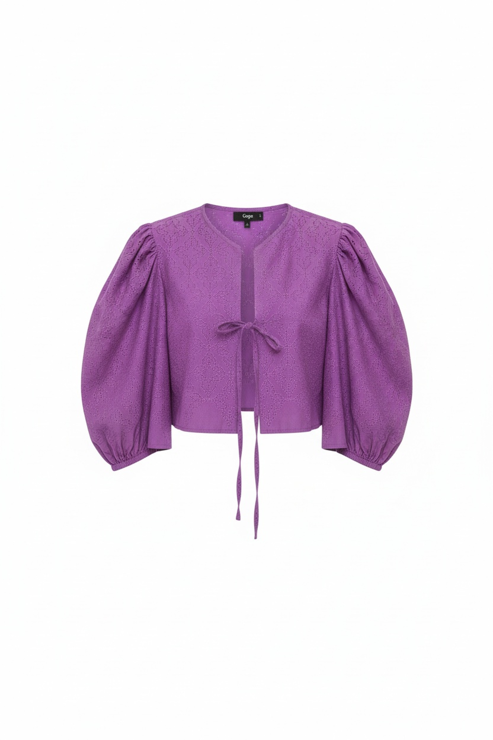 Purple Embroidered Puff Sleeve Tie-Front Blouse photo 1
