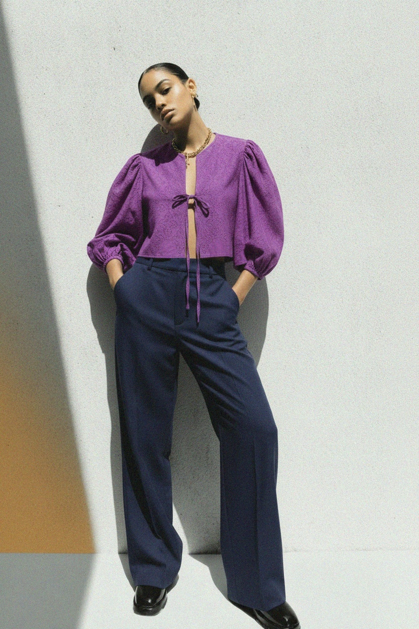 Purple Embroidered Puff Sleeve Tie-Front Blouse photo 2