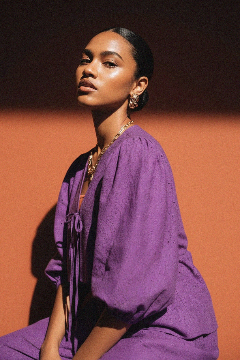 Purple Embroidered Puff Sleeve Tie-Front Blouse photo 3