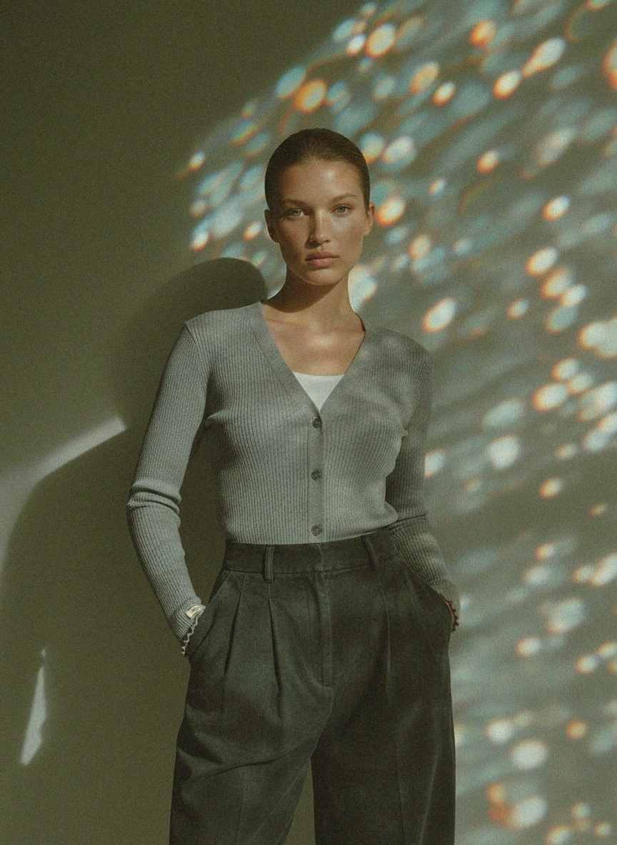 Chic Ribbed Button-Front Knit Cardigan in Grey photo 3