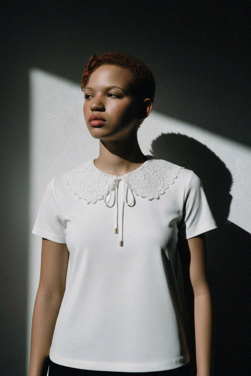 White Short Sleeve Top with Lace Peter Pan Collar photo 3