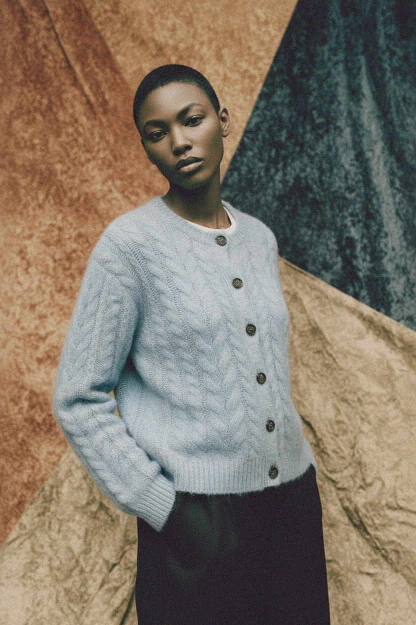 Soft Blue Cable Knit Cardigan with Button Closure photo 3