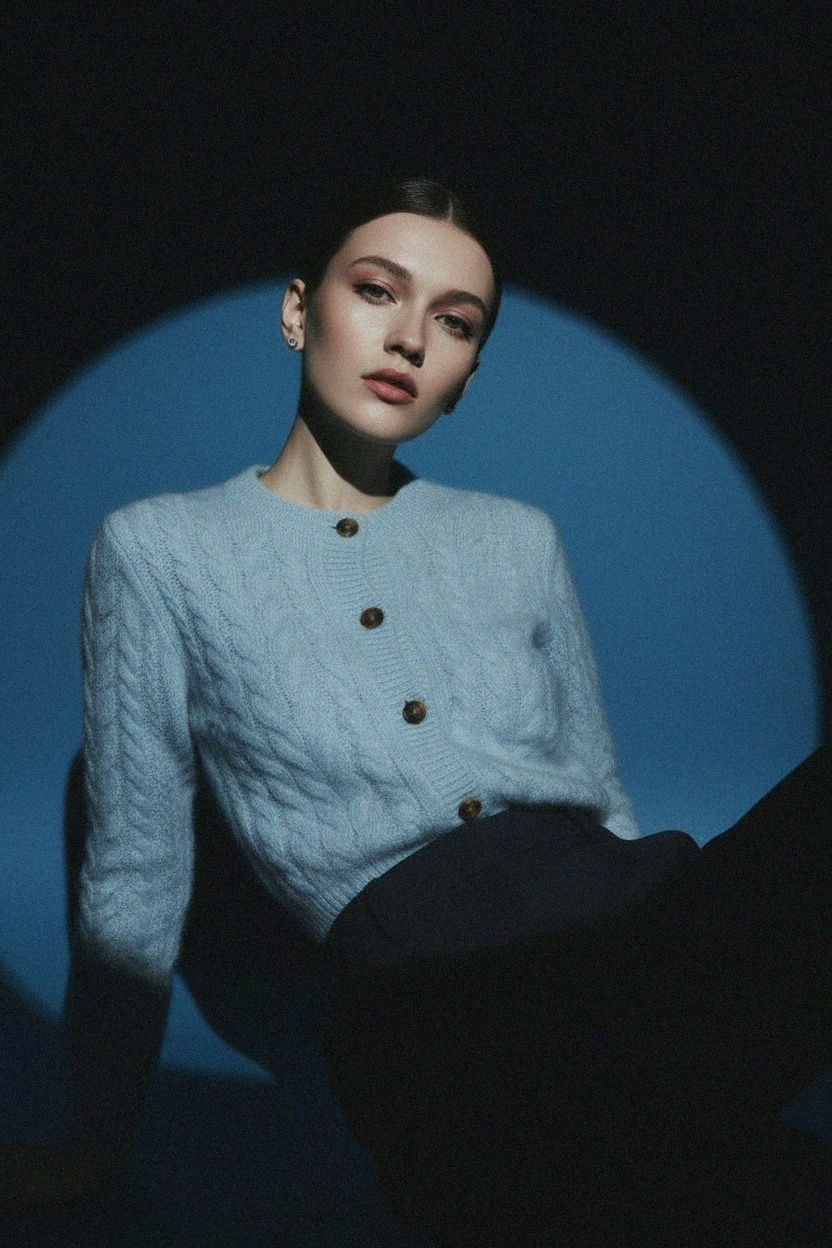 Soft Blue Cable Knit Cardigan with Button Closure photo 3