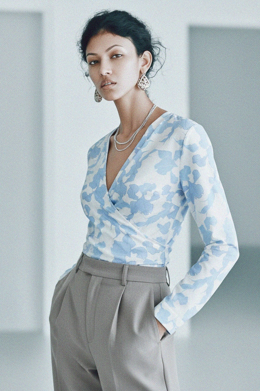 Blue Floral Patterned Wrap Blouse photo 3