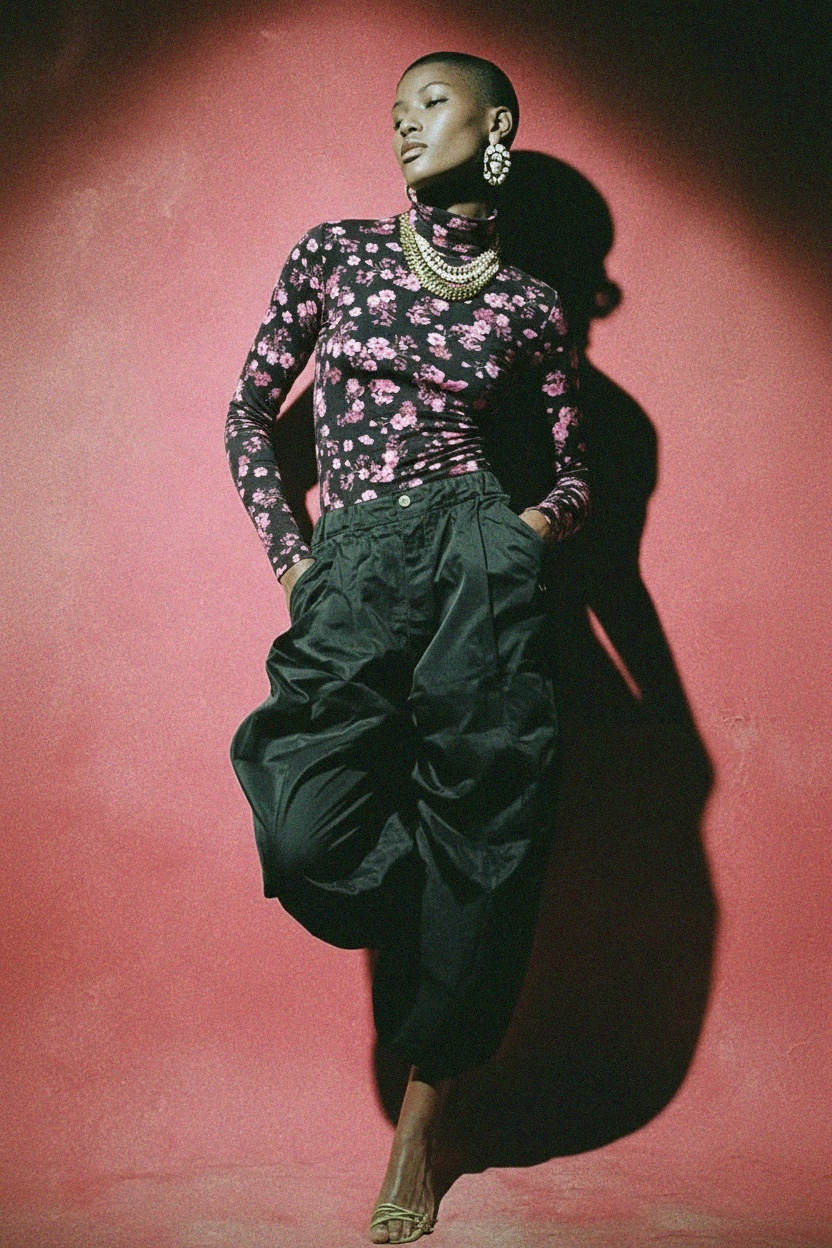 Black Floral Print Fitted Turtleneck Top photo 3