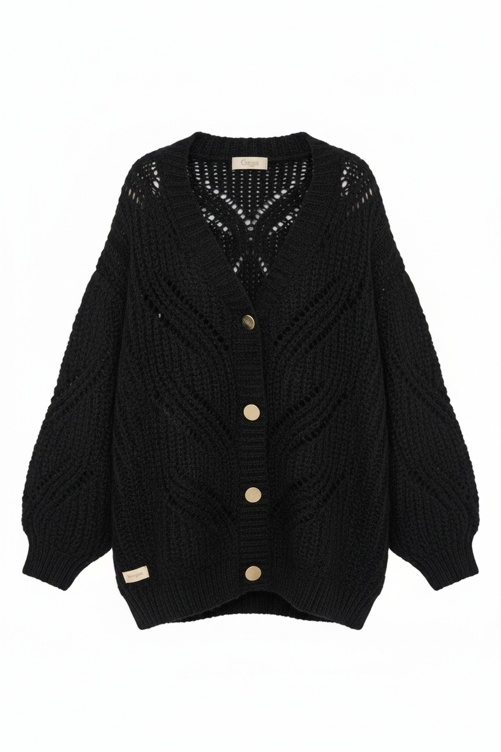 Oversized Black Knit Cardigan with Open Stitch Detail photo 1